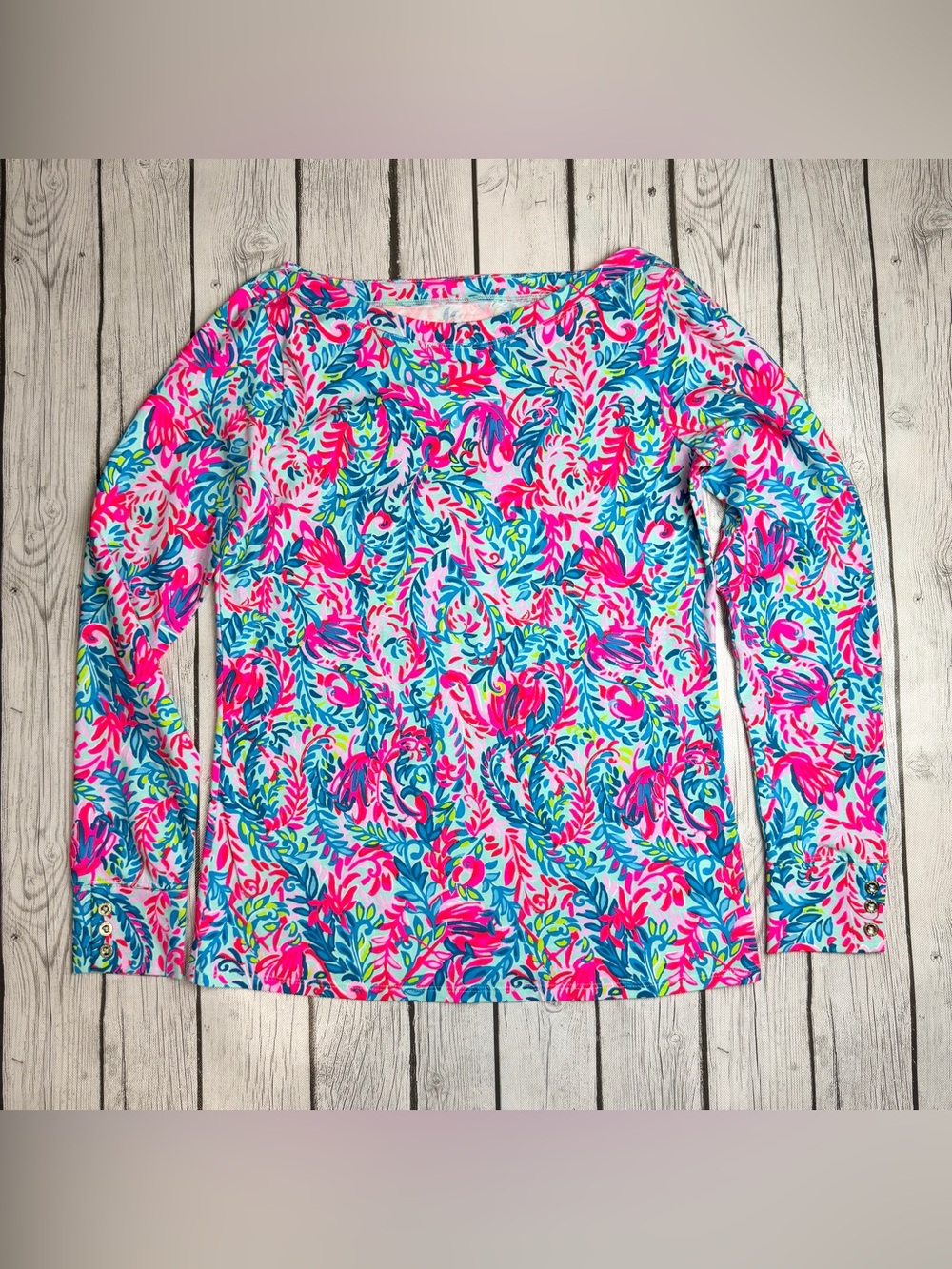 Lilly Pulitzer Women's L Aleah Top Flim Flam Long Sleeve Flamingo Shirt